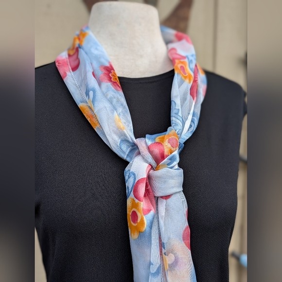 Spring Blue & Pink Roses Silky Scarf - Picture 5 of 7
